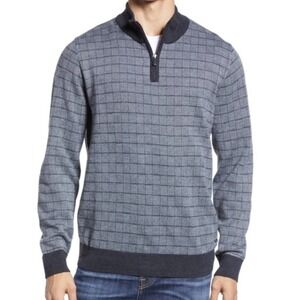 NWT Brax Men's Steffen Quarter Zip Blue Plaid Pullover Sweater Anthracite
